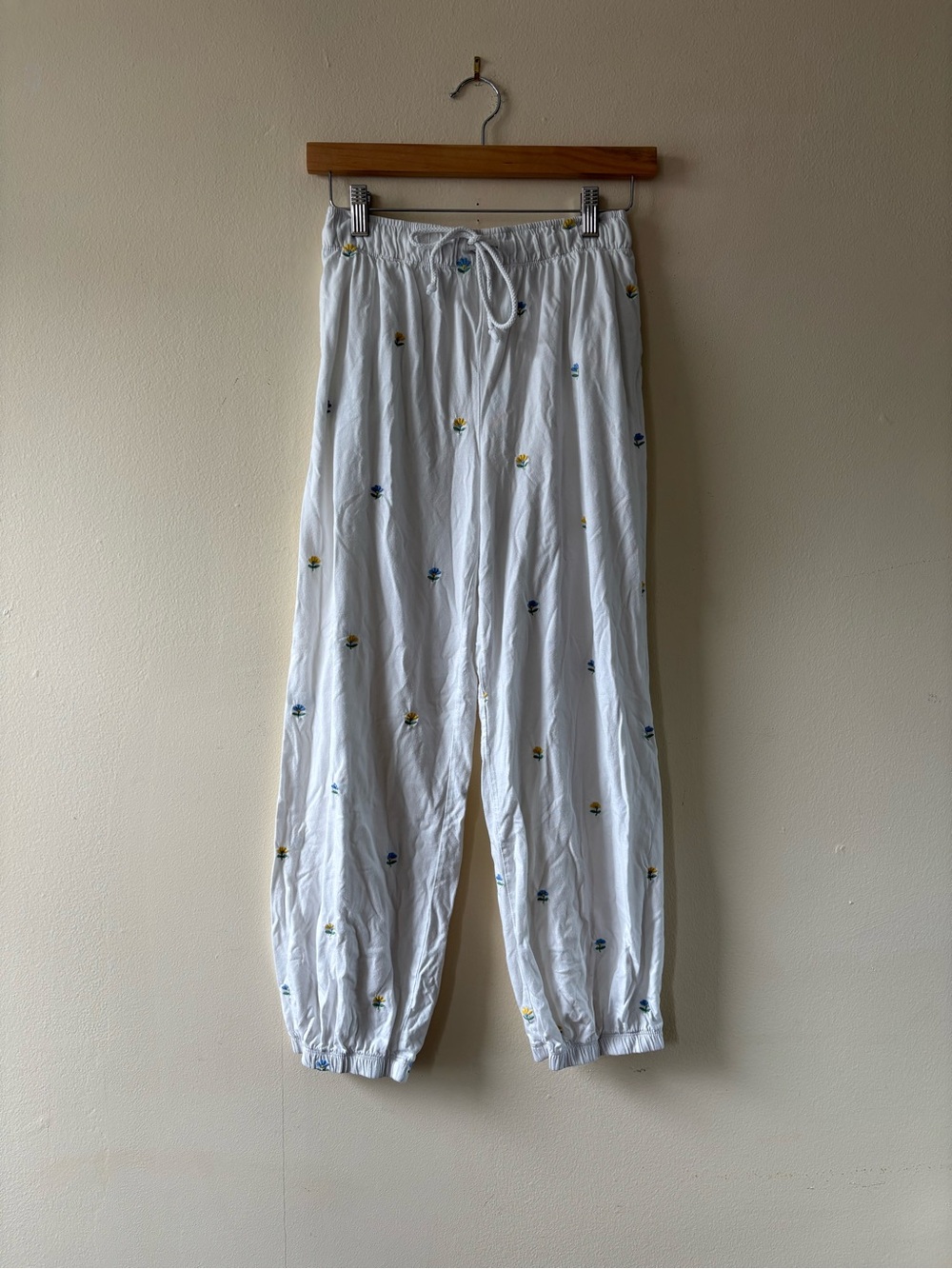 PJ Salvage White Lounge Pants with Blue and Yellow Floral Embroidery